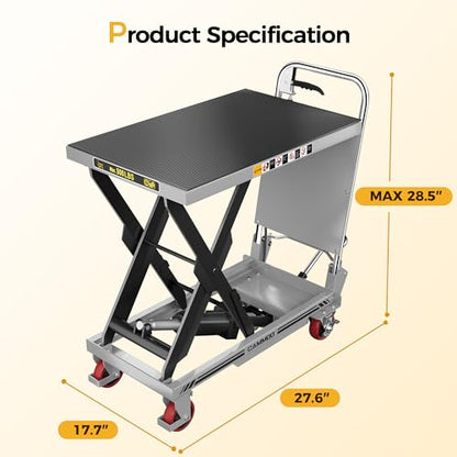 CAMMOO Hydraulic Lift Table Cart, 500lbs Capacity, 28.5" Lifting Height, Single Scissor Lift with Non-Slip Pad & Safety Guard Foldable Handle for Material Handling and Transportation, Gray