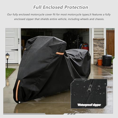 Full Enclosed Motorcycle Cover Waterproof,900D Heavy Duty Outdoor/Indoor Motorcycle Cover with Reflective Strips,Fits Most Heavy Duty Scooter/Moped/Dirtbike Motorcycles (Black,108" W x 45" D x 59" H) - size: 108"W x 45"D x 59"H