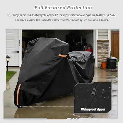 Full Enclosed Motorcycle Cover Waterproof,900D Heavy Duty Outdoor/Indoor Motorcycle Cover with Reflective Strips,Fits Most Heavy Duty Scooter/Moped/Dirtbike Motorcycles (Black,108" W x 45" D x 59" H) - size: 108"W x 45"D x 59"H
