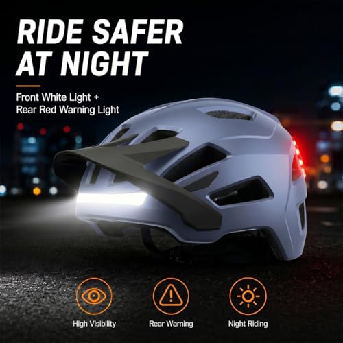 Bike Helmet, Helmets for Adults Men, Front and Back LED Lights Safe Certified MTB Road Bicycle Helmet with Adjustable Brim - color: Blue, size: L (59-61cm)
