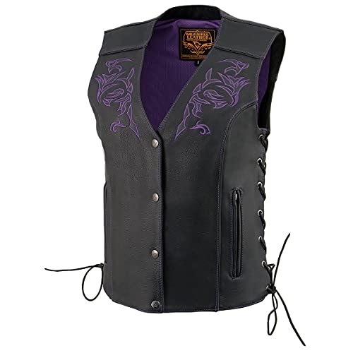 Milwaukee Leather ML1296 Women's Black Leather Side Laced Motorcycle Vest w/Reflective Tribal - color: Purple, size: 3X-Large