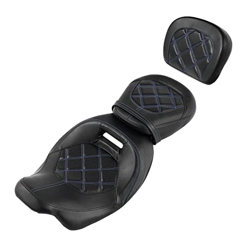 SLMOTO Motorcycle Seat with Sissy Bar Tour Trunk Pad Fit for Harley Davidson Touring King Street Glide Tri-Glide 2009-2020 Trike 2010-2023 CVO Bikes Blue Stitching Driver Passenger Seat+Tour Trunk - color: Seat + Passenger Backrest Black Blue#110