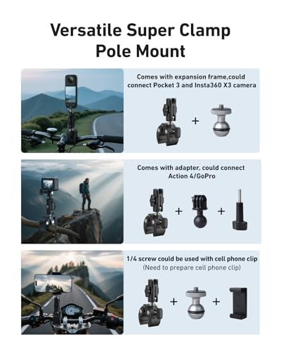 TELESIN Camera Clamp Mount Bike Motorcycle Handlebar Mounts Accessories,360 Ball Joint Tube Roll Bar Holder Clip for GoPro Mission 1 PRO/DJI Osmo Pocket 4/ Action 6 5 4/ Insta360 Luna Ultra/Xtra Muse