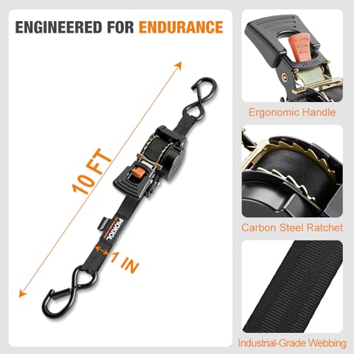 Retractable Ratchet Straps (4-Pack) - 1 Inch x 10 Feet (1,764lb Break Strength) - Heavy Duty Auto Self Retracting Tie Down Straps for Truck, Cargo Trailer, Motorcycle, ATV, UTV - Black - color: Black
