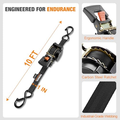 Retractable Ratchet Straps (4-Pack) - 1 Inch x 10 Feet (1,764lb Break Strength) - Heavy Duty Auto Self Retracting Tie Down Straps for Truck, Cargo Trailer, Motorcycle, ATV, UTV - Black - color: Black