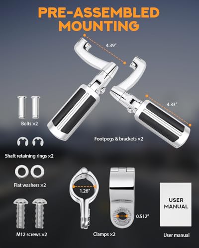 PMYMT Highway Pegs Longhorn Offset 1.25 inch 304 Stainless Steel Clamps Extension Arms Footpegs Style 05 Fit for Harley Touring Street Glide Softail Dyna Sportster fits 1.25" Engine Guard, Chrome
