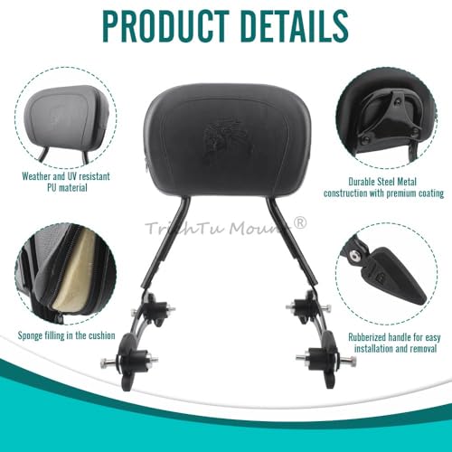 Rear Sissy Bar Detachable Passenger Backrest Pad w/Quick Release Spool Mounting Kit Fits for Indian Roadmaster Challenger Pursuit Chieftain Springfield Vintage 2014-2026,Black