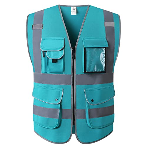 XIAKE 9 Pockets Class 2 High Visibility Reflective Safety Vest for Men Women,Meets ANSI/ISEA Standard - color: Lake Blue, size: Large