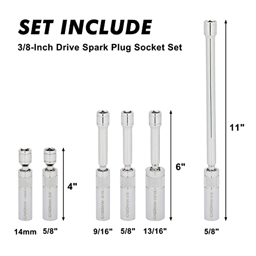 CASOMAN 6PCS 3/8-Inch Drive Magnetic Swivel Spark Plug Socket Set, Include 9/16-Inch, 5/8-Inch, 13/16-Inch, 14mm Socket, Length: 4-Inch, 6-Inch, 11-Inch, 12-Point, CR-V - size: 6PCS (9/16", 5/8", 13/16", 14mm)