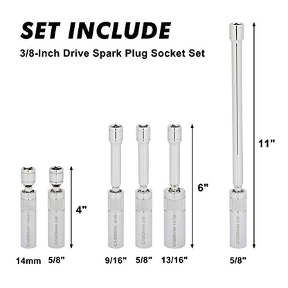 CASOMAN 6PCS 3/8-Inch Drive Magnetic Swivel Spark Plug Socket Set, Include 9/16-Inch, 5/8-Inch, 13/16-Inch, 14mm Socket, Length: 4-Inch, 6-Inch, 11-Inch, 12-Point, CR-V - size: 6PCS (9/16", 5/8", 13/16", 14mm)