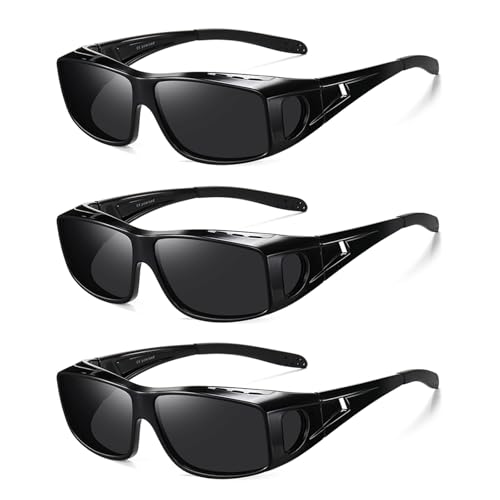 Wzerry Sunglasses Fit Over Glasses Polarized for Men Women, Wrap-Around Glasses UV400 Protection for Driving and Outdoor - color: Black/Grey + Black/Grey + Black/Grey
