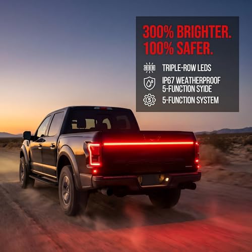 59" LED Tailgate Light Bar, Triple Row with Red Brake, White Reverse, Amber Turn Signal, IP65 Waterproof Tail Light Strip, No Drill Install Universal Fit for Pickup Trailer SUV RV Van