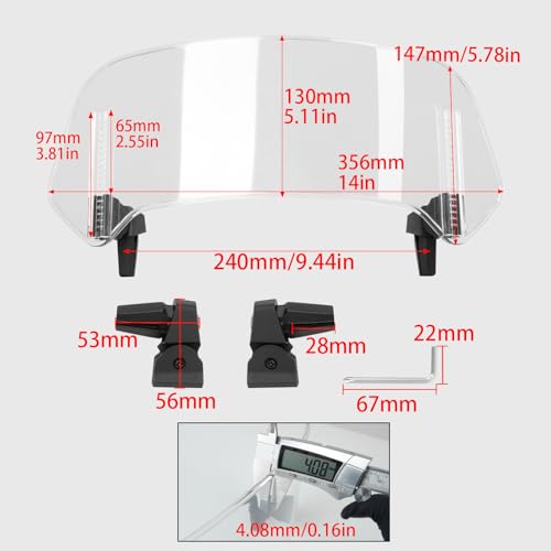 350*150mm Motorcycle Windshield, PC Plastic Front Fairing Windscreen No-Drill Mount, Heightened Design Wind Screen Windshield Spoiler Air Deflector Fits Cruiser/Touring/Retro/Scooter (Clear)
