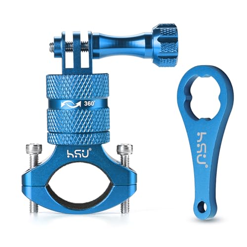HSU Aluminum Bike Bicycle Handlebar Mount for Gopro Hero 13/12/11/10/9/8/7/6/5/4 Session SJCAM AKASO Campark and Other Action Cameras, 360 Degrees Rotary Mountain Bike Rack Mount (Blue) - color: Blue