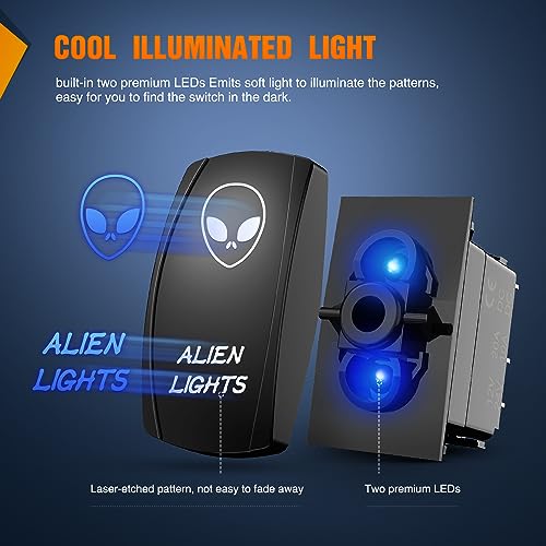 Nilight Alien Lights Rocker Switch Led Light Bar 5 Pin Laser On Off SPST switches 20A/12V 10A/24V Switches Blue with Jumper Wires Set for Cars Trucks Boats ATVs UTVs RVs - size: ALIEN LIGHTS