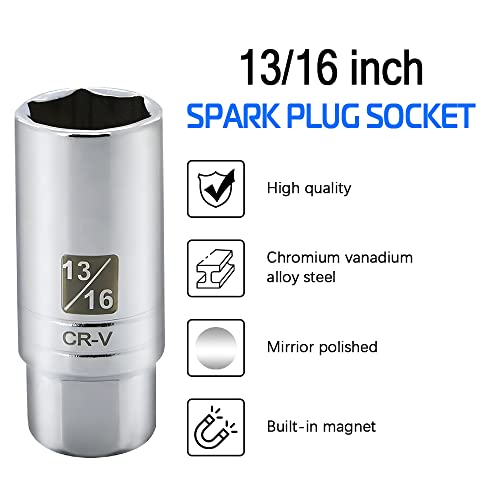 13/16-inch Magnetic Spark Plug Socket 3/8-inch Drive 6-Point Powerful Magnet Retains Spark Plugs Chrome Vanadium Steel - size: 13/16-inch