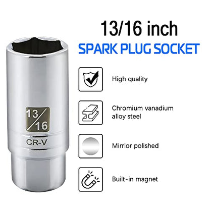 13/16-inch Magnetic Spark Plug Socket 3/8-inch Drive 6-Point Powerful Magnet Retains Spark Plugs Chrome Vanadium Steel - size: 13/16-inch