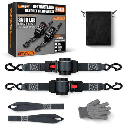 Heavy Duty Retractable Ratchet Tie Down Straps 2" x 13FT 2 Pack, 3500 lbs Break Strength Cargo Straps with Safety Lock S Hooks, No Tangle Tie Downs for Trailer Truck Motorcycle ATV Moving - color: Black