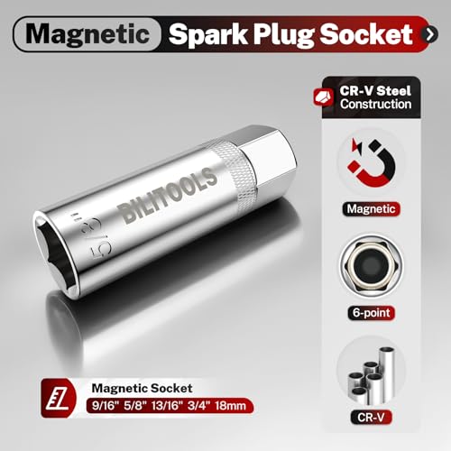 BILITOOLS 10 PCS Magnetic Spark Plug Socket Set with Click Torque Wrench & Spark Plug Gap Tool, 3/8 Inch Magnetic Sockets 9/16" 5/8" 3/4" 13/16" 14mm16mm18mm, Extension Bar, Cr-V Steel - size: 9/16" 5/8" 3/4" 13/16" 14mm16mm18mm Magnetic