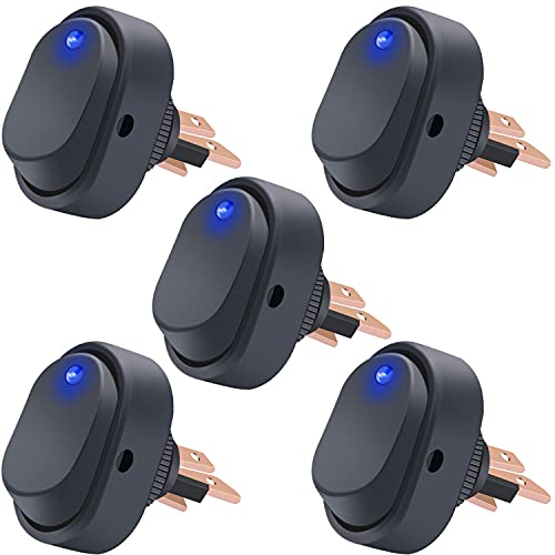 Twidec/5Pcs LED Lighted Rocker Switch Toggle 12V 30A SPST 3 Pin On-Off Blue Round Dot Switch for Car Boat Marine ASW-20D-BU - color: Blue LED-Oval Shaped