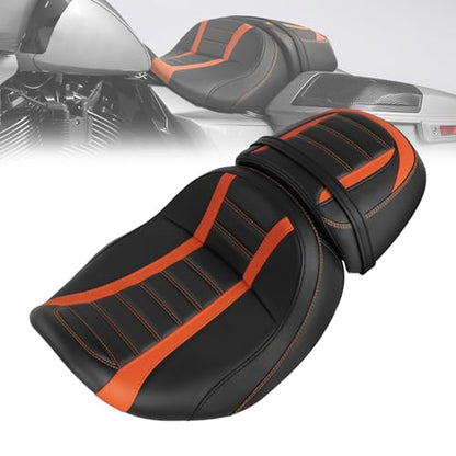 C.C. RIDER Low-Profile Rider&Passenger Seat Fit for Harley Touring 2023-2025 CVO Street Glide FLHXSE CVO Road Glide FLTRXSE 2024-2025 Street Glide FLHX Road Glide FLTRX FLTRXSTSE - size: 04# Black+ Orange Stitchs