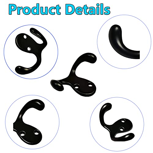 3 Pack Black Double Prong Coats Towel Hooks For Bathrooms Wall Mounted Shower Rustproof, 1.37 Oz Retro Wall Hooks Heavy Duty Hanging Towels Coat Hat Loofah Robe Key Scarf Bag Cap Kitchen Accessories