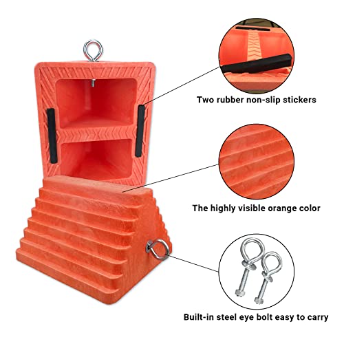 HOXWELL 2 Packs Wheel Chocks Heavy Duty Orange with Eyebolt, Vehicle Chock for Travel Trailers, Camper, Truck, Car and ATV, 9.1" Length x 7.1" Width x 5.5" Height - color: Orange-2 pcs