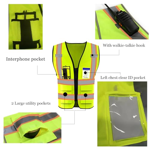 High Visibility Reflective Safety Vest with Pockets Custom Your Logo Safety Workwear - color: A Black Green Webbing, size: Large
