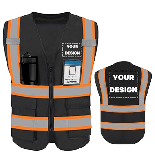 High Visibility Reflective Safety Vest with Pockets Custom Your Logo Safety Workwear - color: A Black Orange Webbing, size: Medium