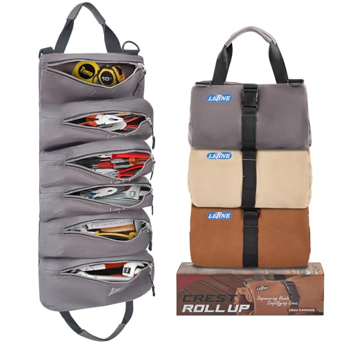 LETINE Crest Canvas Tool Bag - Large Capacity Portable Roll up Bag with Premium Rust-Proof Zippers, Reinforced Stitching - Compact Tool Organizer Gift for Dads, Mechanics, Electricians - color: Metallic Gray