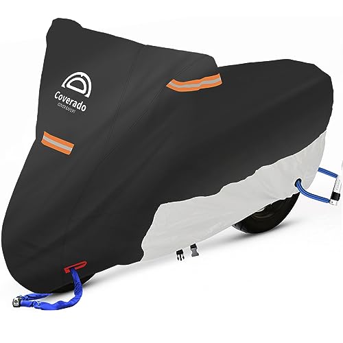 Motorcycle Cover, Coverado Motorcycle Covers Waterproof Outdoor Storage with Lockholes and Night Reflector, All Weather Waterproof Sun Protection Outdoor Scooter Cover Universal Fit Up to 93" Motors - color: Black-Silver, size: XL 93"x36"x49"