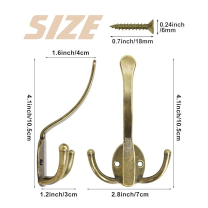 Homanu 10 Pack Coat Hooks Heavy Duty, Metal Three Prongs Large Coat Hooks Wall Mounted with 20 Screws, No Rust Antique Brass Rustic Wall Hooks for Hanging Towel, Coat, Scarf, Bag, Hat, Cup, Key - color: 10 Pcs Antique Brass