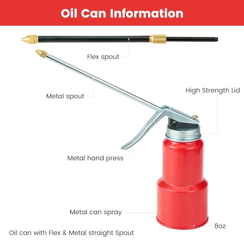 2-Pcs Oil Can Hand Pump Oiler Metal Pump Oil Can 8oz. (250ml) with Metal Straight & Long Flex Spout - color: 2 Red 8oz.