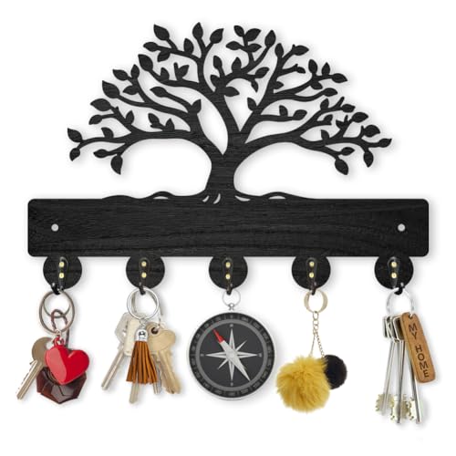 MAYJOYDIY Tree of Life Coat Rack Wall Mount 11.8×7.9inch Lush Tree Key Holder for Wall Decorative Wood Black Key Rack Hanger 5 Alloy Hooks for Wall Art Decor Entryway Front Door Gift - color: Tree of Life