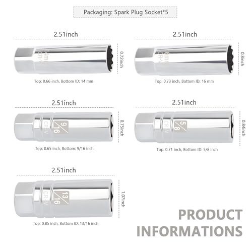 5PCS Car Magnetic Spark Plug Socket Set,Thin Wall & 6-point 14mm 16mm 13/16" 9/16" 5/8 Spark Plug Socket,3/8" Drive Car Sparks Plugs Sockets Automotive Accessories - color: 5PCS Set