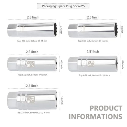 5PCS Car Magnetic Spark Plug Socket Set,Thin Wall & 6-point 14mm 16mm 13/16" 9/16" 5/8 Spark Plug Socket,3/8" Drive Car Sparks Plugs Sockets Automotive Accessories - color: 5PCS Set
