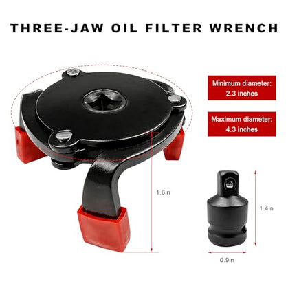 Universal Oil Filter Wrench, Adjustable 3-Jaw Auto Oil Filters Removal Tool with 1/2" to 3/8" Adapter, Heavy-Duty Engine Filter Change Tool Range 2.3" to 4.3" for Most Cars