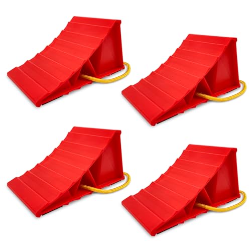 HOXWELL 2 Pair Wheel Chocks for Travel Trailers, Non Slip Heavy Duty Red Wheel Chock with Rope, Lightweight Wheel Stoppers for Cars Campers Trucks RVs, Easy to Carry & Suitable for Most Tyre Sizes - size: Red-2 Pairs