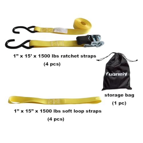 Ratchet Straps Tie Downs (4-Pack) - 1 Inch x 15 Feet (1,500lb Break Strength) for Moving, Trailer, Motorcycle Tie Down Straps Soft Loops