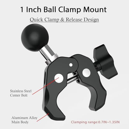 1'' Ball Clamp Handlebar Mount Base with Claw for Handlebar Rail 0.7'' to 1.5'' in Diameter, Compatible with RAM Mounts B Size 1 Inch Ball Double Socket Arm and Bicycle Phone Holder (Black-1)