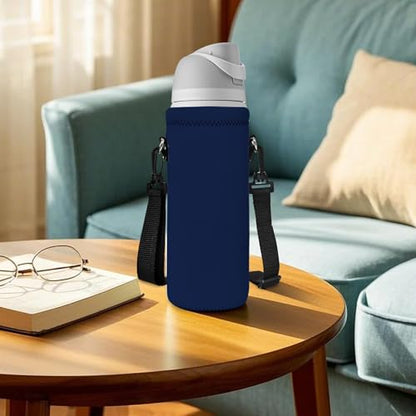 RICHEN Neoprene Water Bottle Carrier Bag with Adjustable Shoulder Strap,Insulated Water Bottle Cover for Stainless Steel/Glass/Plastic Bottles - color: Navy Blue, size: 750ml
