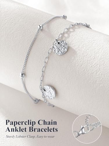 U7 Silver/Gold Ankle Bracelets for Women Layered Chain Anklets Stainless Steel Waterproof Summer Beach Anklet Cham, Adjustable 8.5"-10.5" - color: Silver - Ball Chain+Paperclip Chain