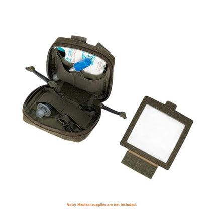Small MED Kits Holder Duty Belt Gloves Pouch MOLLE Tactical Vest Nasal Spray Case Compact IFAK Carrier Backpack Wallet Cards Knife Gadgets Mini EDC Organizer Bag w/Removeable Clear ID Pocket - color: Ranger Green