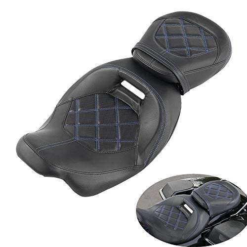 Low-Profile Rider Driver Passenger Pillion Seat Set Fits for Harley Touring 2009-2023 Road King FLHR Street Glide Road Glide Street Glide Ultra Limited - color: Seat Blue