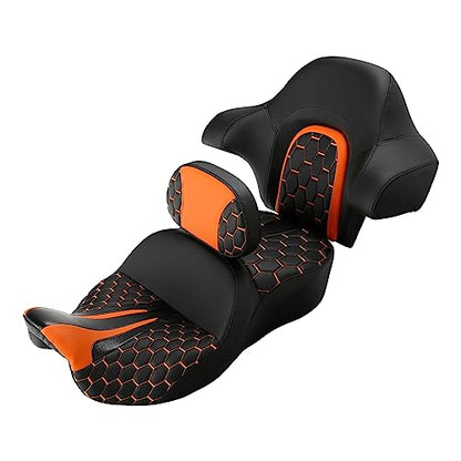 C.C. RIDER Gel Seat Driver Passenger Seat and Driver+ Tour Trunk Backrests Fit For Harley Touring 2014-2023 Street Glide Road Glide Road King Electra Glide,Orange Hexagon - color: 23# Gel Orange+ 2 Backrests