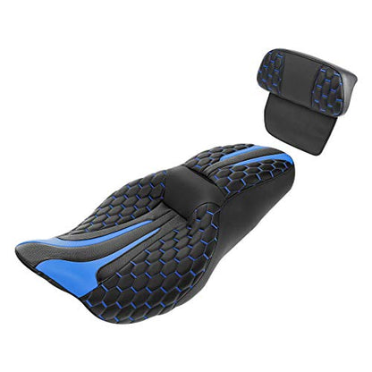 C.C. RIDER Motorcycle Seat Driver Passenger Touring Seat with Backrests for Harley Davison Electra Glide Classic Street Glide Road Glide 2014-2023 - color: Black Blue Seat + Tour Trunk Backrest