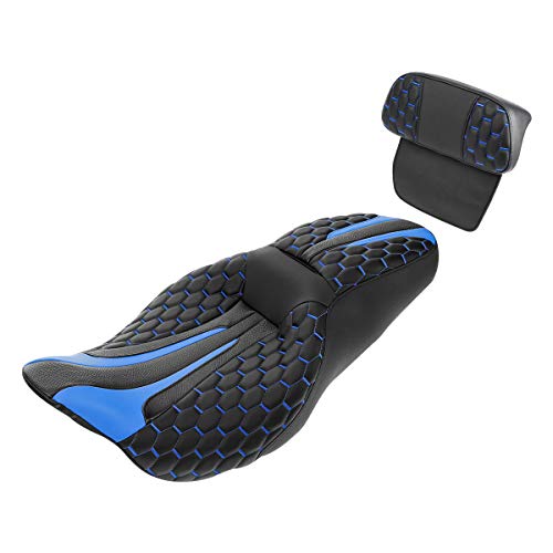 C.C. RIDER Motorcycle Seat Driver Passenger Touring Seat with Backrests for Harley Davison Electra Glide Classic Street Glide Road Glide 2014-2023 - color: Black Blue Seat + Tour Trunk Backrest