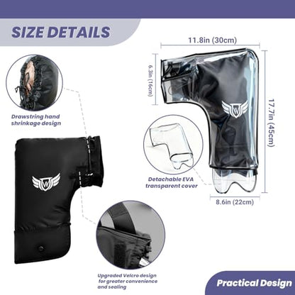 Motorcycle Handlebar Muffs - Thermal Bike Mittens with Reflective Strip, Waterproof PVC Pocket ATV Hand Warmers, Windproof & Coldproof Handlebar Cover Gloves for Cold Weather Cycling - color: Black