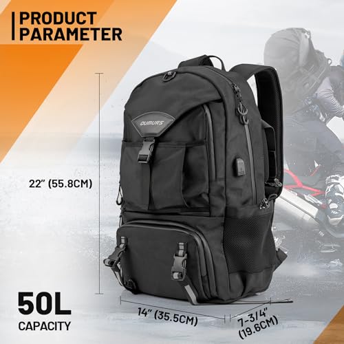 Oumurs Motorcycle Backpack 50L, Waterproof 1680D Oxford Fabric, Expandable, Motorbike Helmet Bag, Reflective, Helmet Strap, USB, Large Capacity, Laptop Rucksack, Long Distance Travel Backpack, Black - color: Black