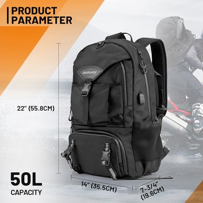 Oumurs Motorcycle Backpack 50L, Waterproof 1680D Oxford Fabric, Expandable, Motorbike Helmet Bag, Reflective, Helmet Strap, USB, Large Capacity, Laptop Rucksack, Long Distance Travel Backpack, Black - color: Black